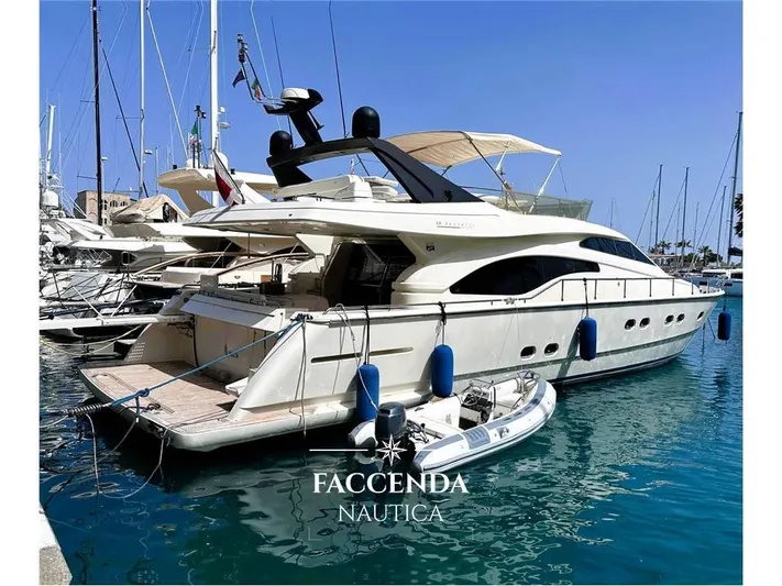  Yacht Photos Pics Luxury Ferretti Yachts 68 Anniversary, 1999 model, docked in a marina.
