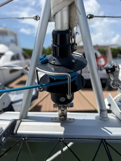Escapist Yacht Photos Pics Close-up of a 2018 Lagoon 400 S2 sailboat's rigging and furling system.