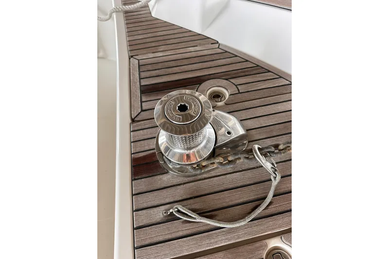 Dove Yacht Photos Pics Deck of 2015 Beneteau Swift Trawler 50 with anchor winch and chain.