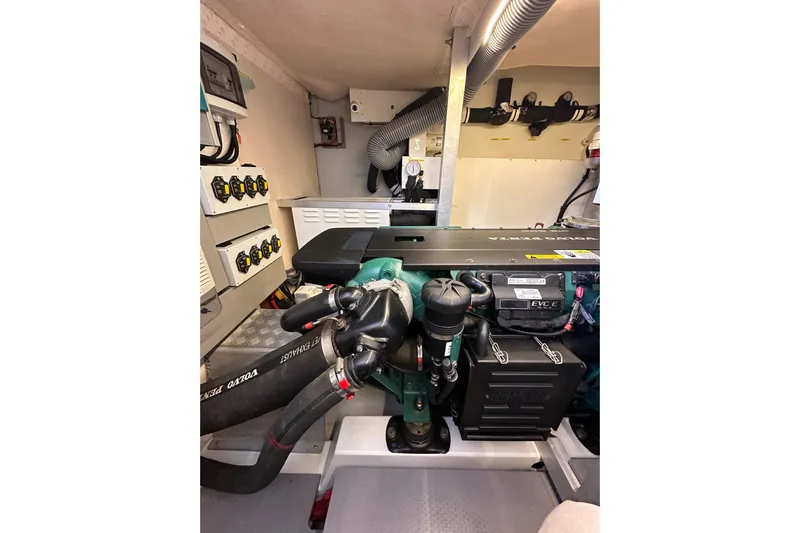 Dove Yacht Photos Pics Engine room of 2015 Beneteau Swift Trawler 50 with Volvo Penta components.