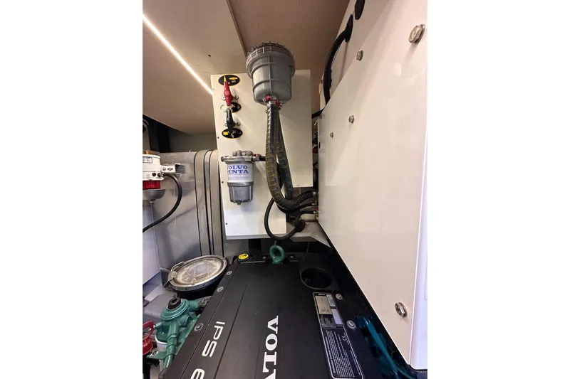 Dove Yacht Photos Pics Engine room of 2015 Beneteau Swift Trawler 50 with Volvo Penta components.