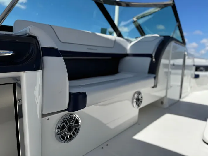 Uncorked Yacht Photos Pics 2023 Formula 350 Crossover Bowrider interior with sleek seating and modern design.