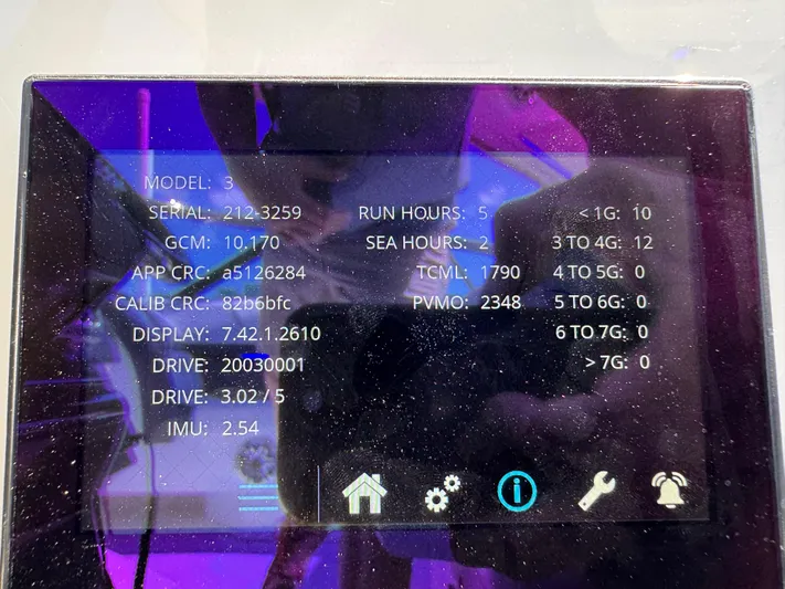 Uncorked Yacht Photos Pics Display screen showing technical data for a 2023 Formula 350 Crossover Bowrider.