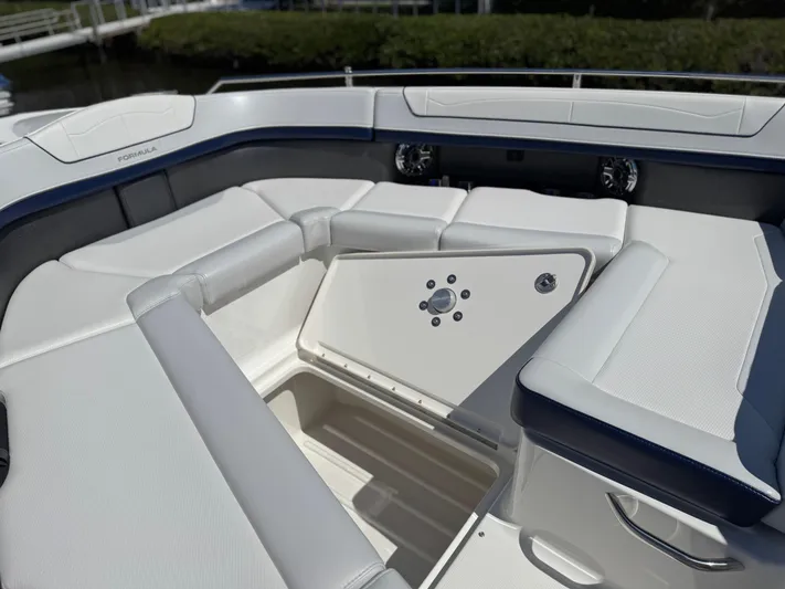 Uncorked Yacht Photos Pics 2023 Formula 350 Crossover Bowrider interior with luxurious seating and sleek design.