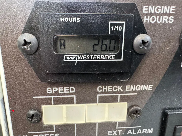 Uncorked Yacht Photos Pics Digital engine hour meter reading 26.0 on a Westerbeke panel, Formula 350 Crossover Bowrider 2023.