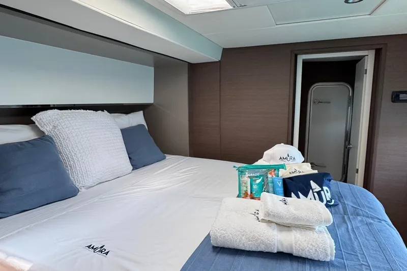 Amura Yacht Photos Pics Luxurious cabin interior of 2021 Bali 5.4 Open Space yacht with branded amenities.