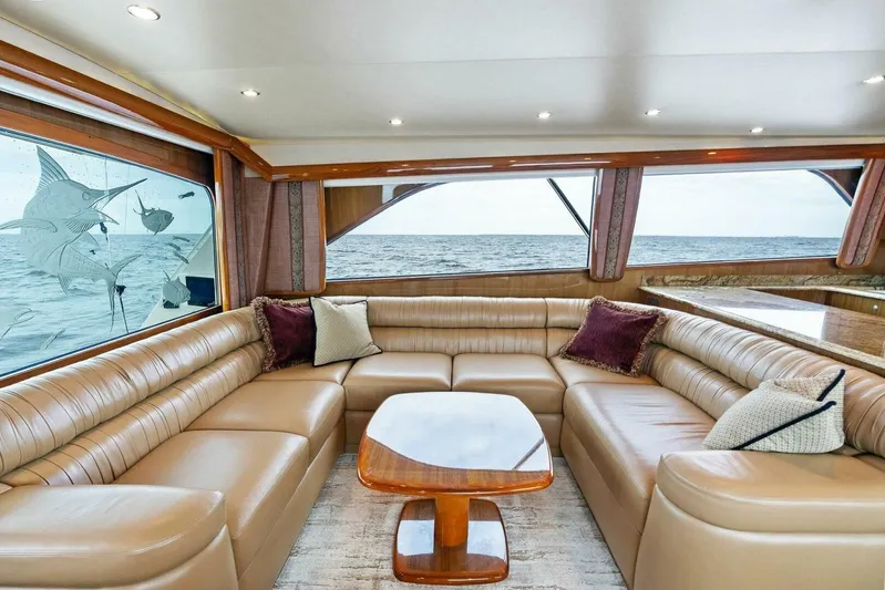 Knot On Call Yacht Photos Pics Luxurious interior of 2006 Viking 61 Convertible yacht with ocean view.