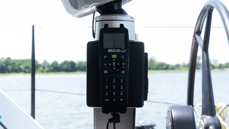 Nohea Yacht Photos Pics B&G marine radio on Custom Current Marine 46 yacht, 2022 model, with scenic water backdrop.