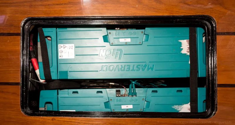 Cui Bono Yacht Photos Pics Battery compartment of a 2015 Gunboat 60 yacht, featuring Mastervolt Li-ion batteries.