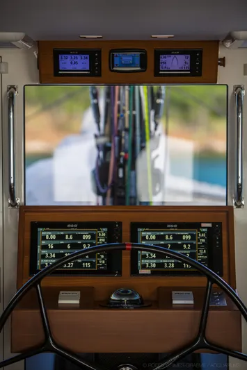 Cui Bono Yacht Photos Pics Cockpit of 2015 Gunboat 60 yacht with navigation instruments and steering wheel.