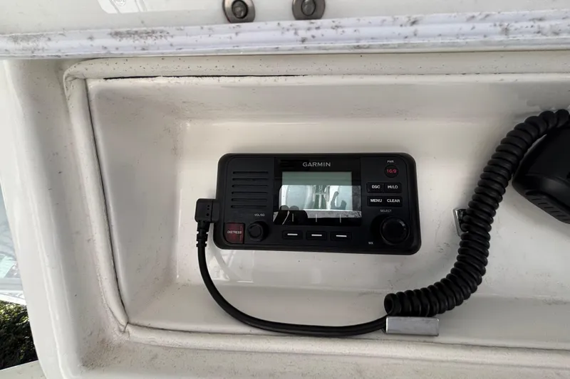 Yacht Photos Pics Garmin marine radio installed on a 2017 Regulator 28 boat dashboard.