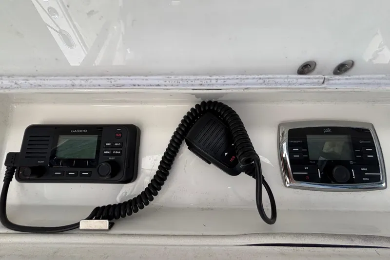  Yacht Photos Pics Garmin and Polk marine electronics on a 2017 Regulator 28 boat dashboard.