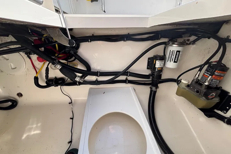  Yacht Photos Pics 2017 Regulator 28 boat wiring and components in the engine compartment.