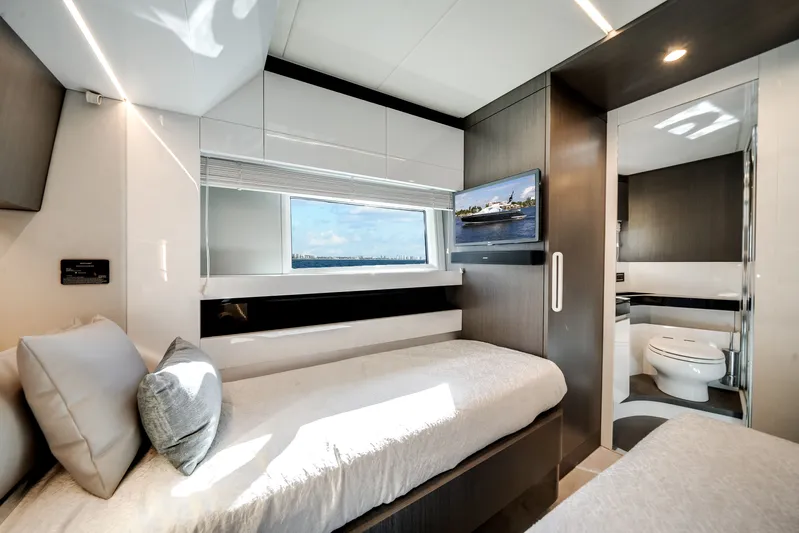  Yacht Photos Pics Interior of 2022 Azimut S7 yacht with modern bedroom and bathroom.