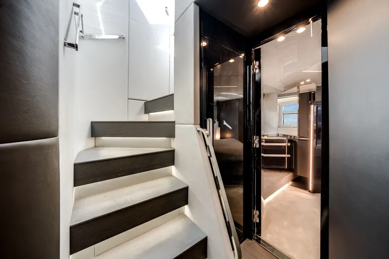 Yacht Photos Pics Interior of Azimut S7 yacht, modern staircase and sleek design.