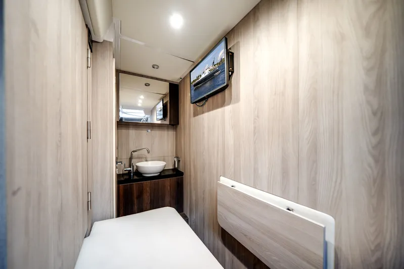  Yacht Photos Pics Interior of 2022 Azimut S7 yacht with sink and wood paneling.