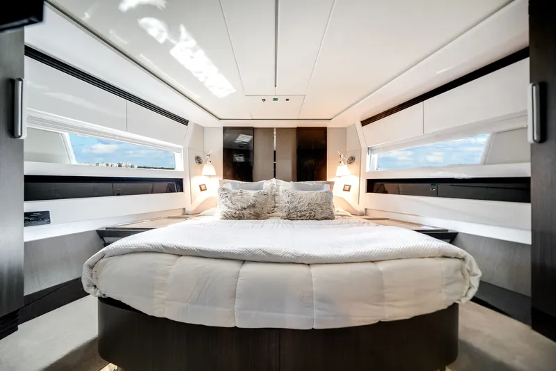  Yacht Photos Pics Luxurious bedroom in Azimut S7 yacht, 2022 model.