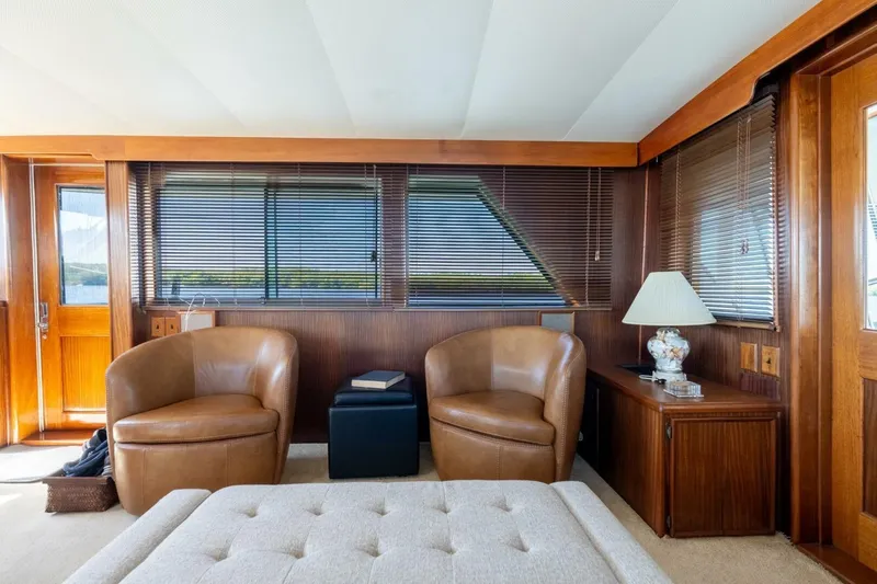 Even Keel Yacht Photos Pics Interior of 1985 Hatteras 53 Motor Yacht with leather chairs and wooden accents.