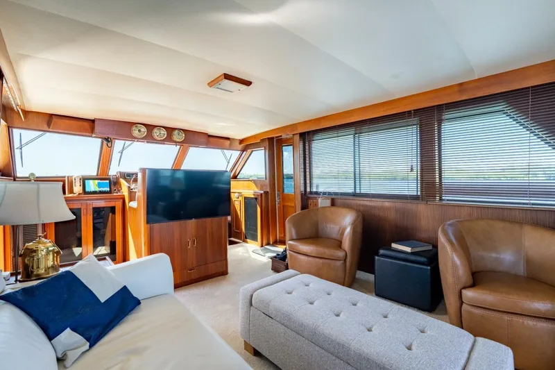 Even Keel Yacht Photos Pics Luxurious interior of 1985 Hatteras 53 Motor Yacht with elegant seating and modern amenities.