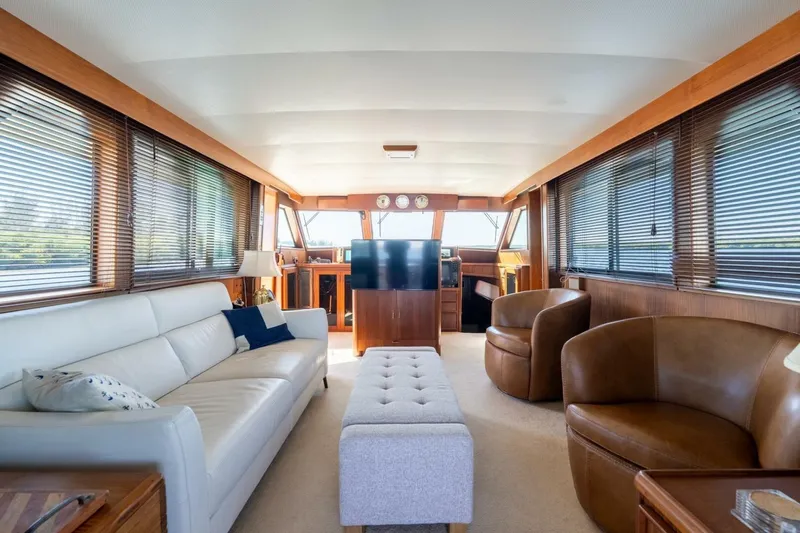 Even Keel Yacht Photos Pics Luxurious interior of 1985 Hatteras 53 Motor Yacht with leather seating and panoramic windows.