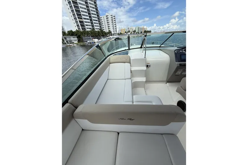  Yacht Photos Pics 2015 Sea Ray 370 Venture boat interior with plush seating and waterfront view.