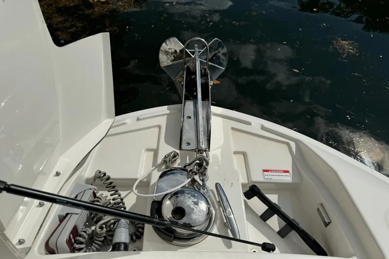  Yacht Photos Pics Anchor system on 2019 Sea Ray 310 SLX boat, docked on calm water.