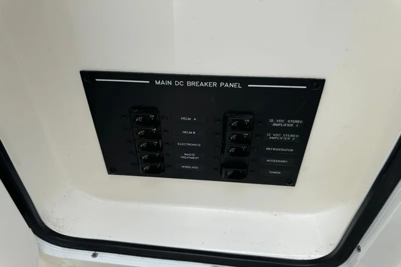  Yacht Photos Pics Main DC breaker panel on 2019 Sea Ray 310 SLX boat, featuring various switches.