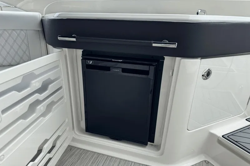  Yacht Photos Pics 2019 Sea Ray 310 SLX boat interior with built-in refrigerator.