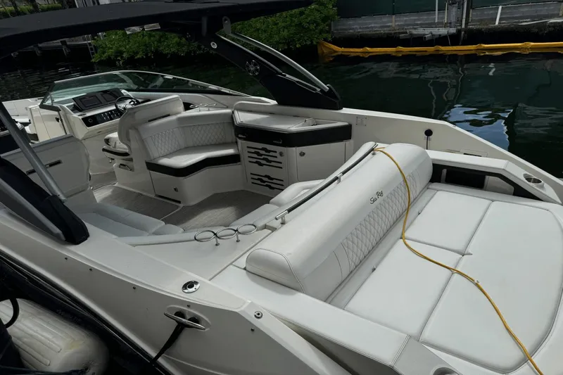  Yacht Photos Pics 2019 Sea Ray 310 SLX boat interior with luxurious seating and modern dashboard.
