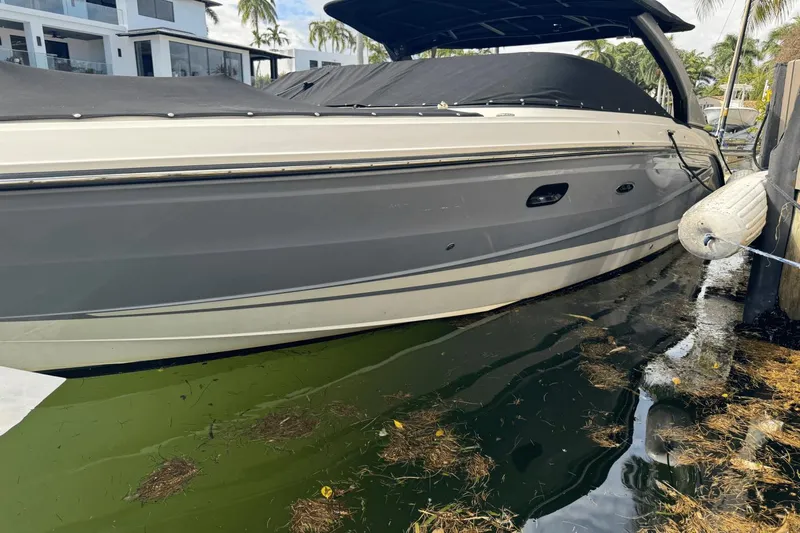  Yacht Photos Pics 2019 Sea Ray 310 SLX boat docked, covered, with nearby floating debris.