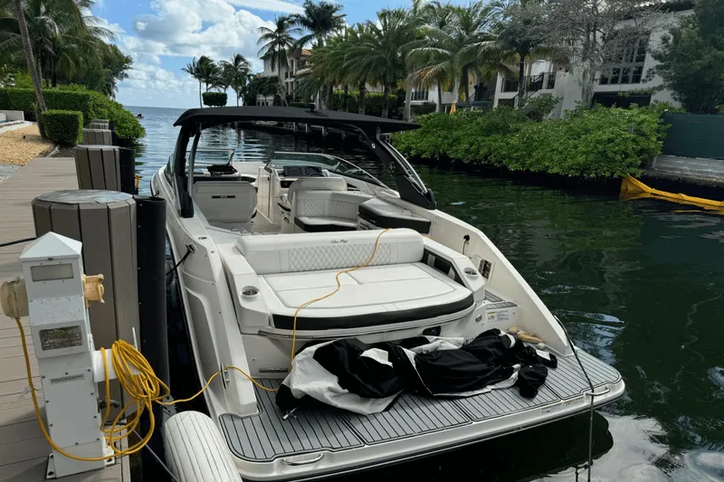  Yacht Photos Pics 2019 Sea Ray 310 SLX docked by lush greenery and waterfront homes.