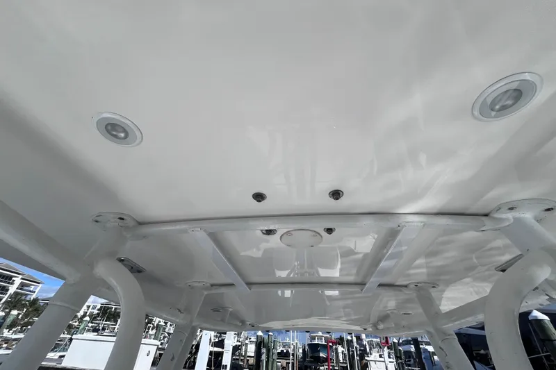  Yacht Photos Pics Ceiling view of 2008 Intrepid 370 Cuddy boat with integrated lighting fixtures.