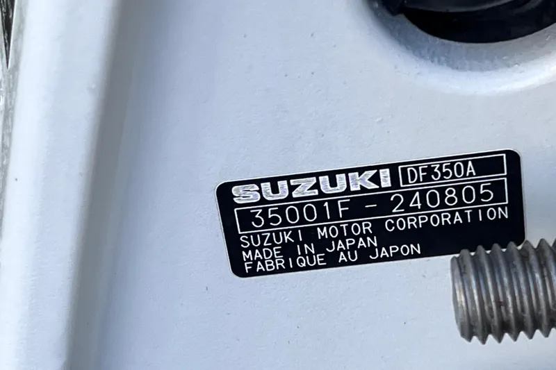  Yacht Photos Pics Label on Suzuki DF350A engine, serial 35001F-240805, made in Japan, on 2008 Intrepid 370 Cuddy.