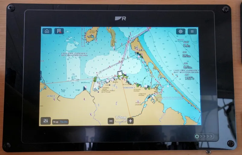 Bleu Lagoon Yacht Photos Pics Navigation display on a 2012 Lagoon 421 catamaran, showing a detailed nautical chart.