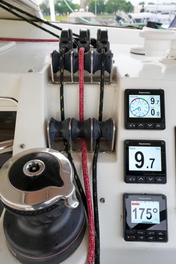 Bleu Lagoon Yacht Photos Pics Control panel of a 2012 Lagoon 421 catamaran with navigation instruments.