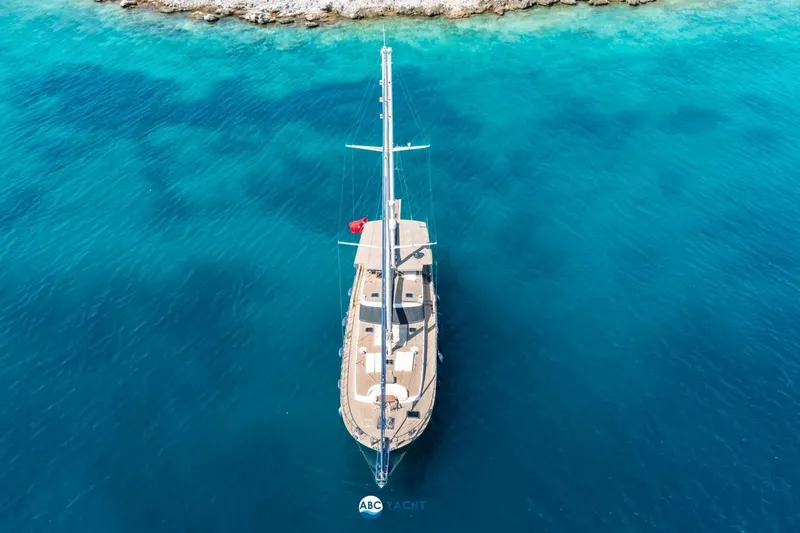 Cİca Sultan Yacht Photos Pics Aerial view of 2014 Ark Yat 24M yacht in clear turquoise waters.