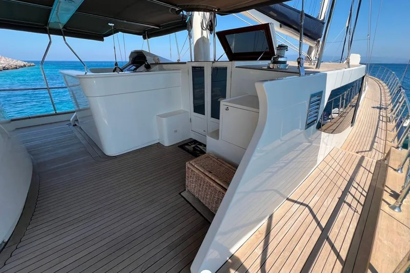 Cİca Sultan Yacht Photos Pics Luxurious Ark Yat 24M yacht deck, 2014 model, with sleek design and ocean view.