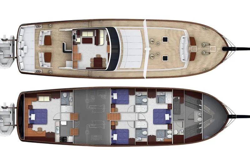 Cİca Sultan Yacht Photos Pics Floor plan of 2014 Ark Yat 24M yacht, showcasing upper and lower decks.