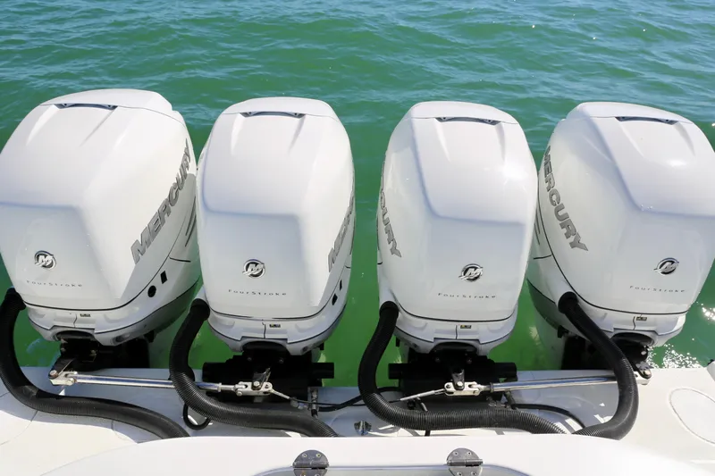  Yacht Photos Pics Four Mercury outboard engines on a 2018 Yellowfin 39 boat in water.