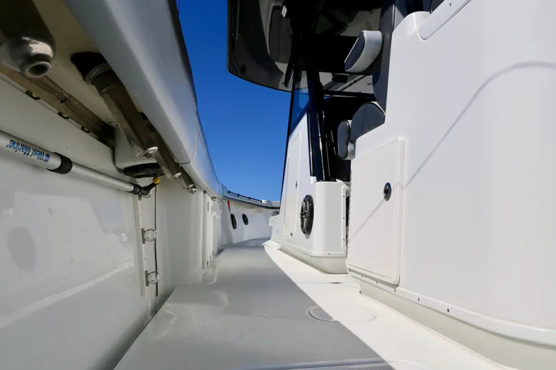  Yacht Photos Pics 2018 Yellowfin 39 boat interior with sleek white design and modern features.