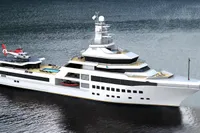 Luxurious 2028 AlCustom yacht with helipad and pool, cruising on serene waters.
