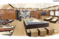 Luxurious yacht interior with gym, spa, and lounge area, featuring modern equipment and wooden decor.