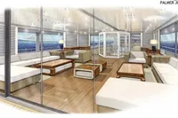 Luxurious yacht interior with modern design, featuring spacious seating and panoramic ocean views, 2028 model.