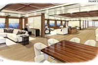 Luxurious yacht interior design with modern furnishings, spacious layout, and elegant wood accents, 2028 AlCustom.
