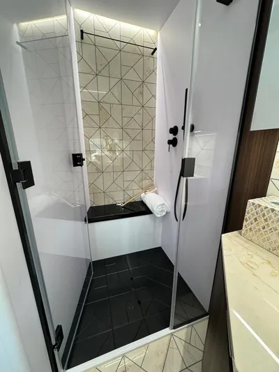 4 Stateroom Layout Yacht Photos Pics Luxurious shower in 2024 Aicon 66 Vivere yacht with modern geometric tiles.
