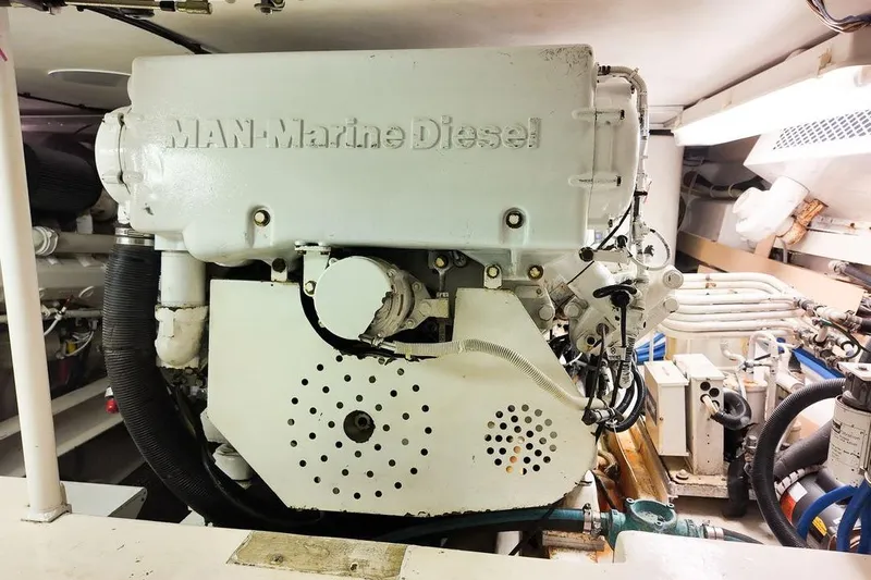 Coming To Fort Lauderdale By Nov. 3 Yacht Photos Pics Engine room of a 1999 Viking Cockpit Sports Yacht with MAN Marine Diesel engine.