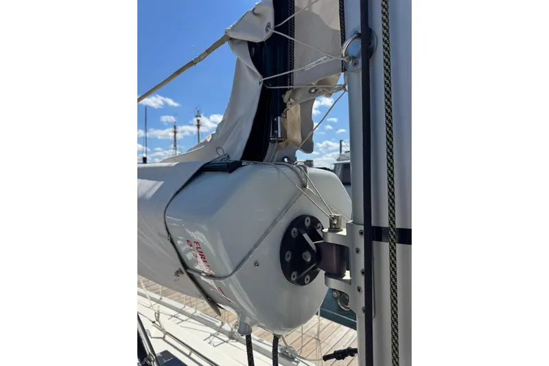 Build No.31 Yacht Photos Pics 2021 X-Yachts 4.6 sailboat rigging detail with clear blue sky background.