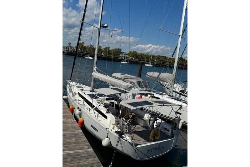 Build No.31 Yacht Photos Pics Sailing yacht X-Yachts 4.6, 2021 model, docked at a marina under clear skies.