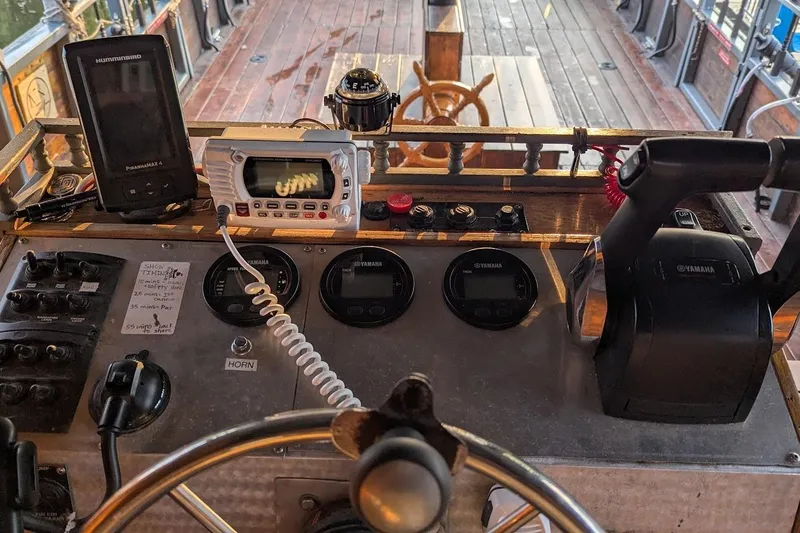  Yacht Photos Pics Control panel of a 2016 custom pirate ship with navigation and communication equipment.