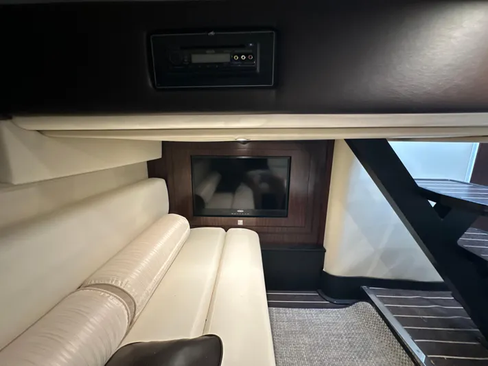  Yacht Photos Pics Interior of 2017 Monterey 355 Sport Yacht with sofa and TV.